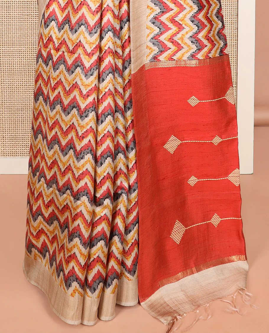 Multi-color chevron design printed tussar saree, contrast border, and pallu of stripes and diamond designs - Image 4