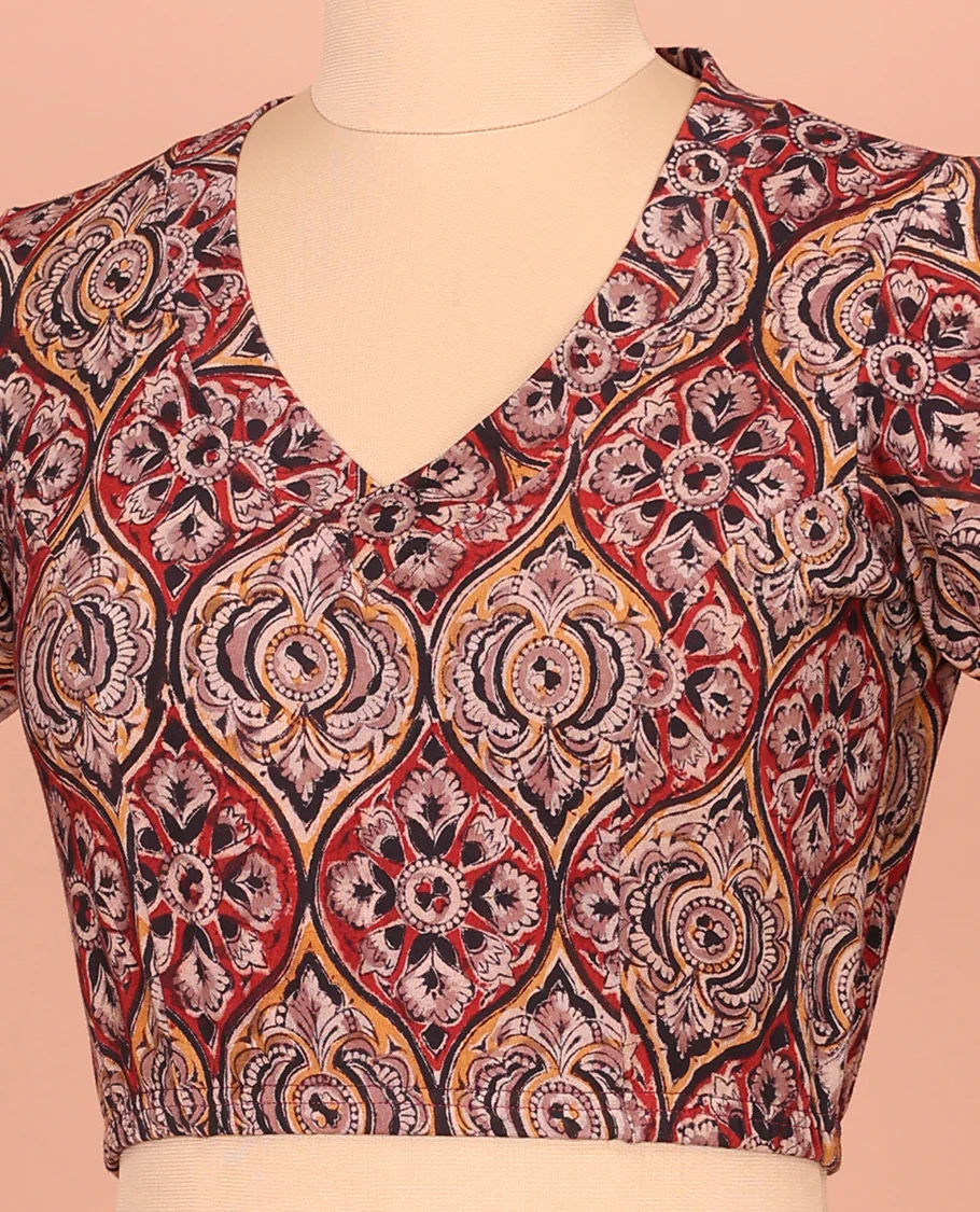 Multi-Color Cotton Readymade Blouse Beautified with All-Over Ogee Patterns Print, Front V-Neck, Back Closed Neck, and Elbow Sleeves - Image 2