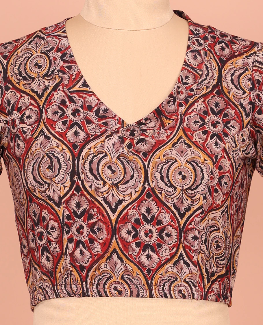 Multi-Color Cotton Readymade Blouse Beautified with All-Over Ogee Patterns Print, Front V-Neck, Back Closed Neck, and Elbow Sleeves - Image 3