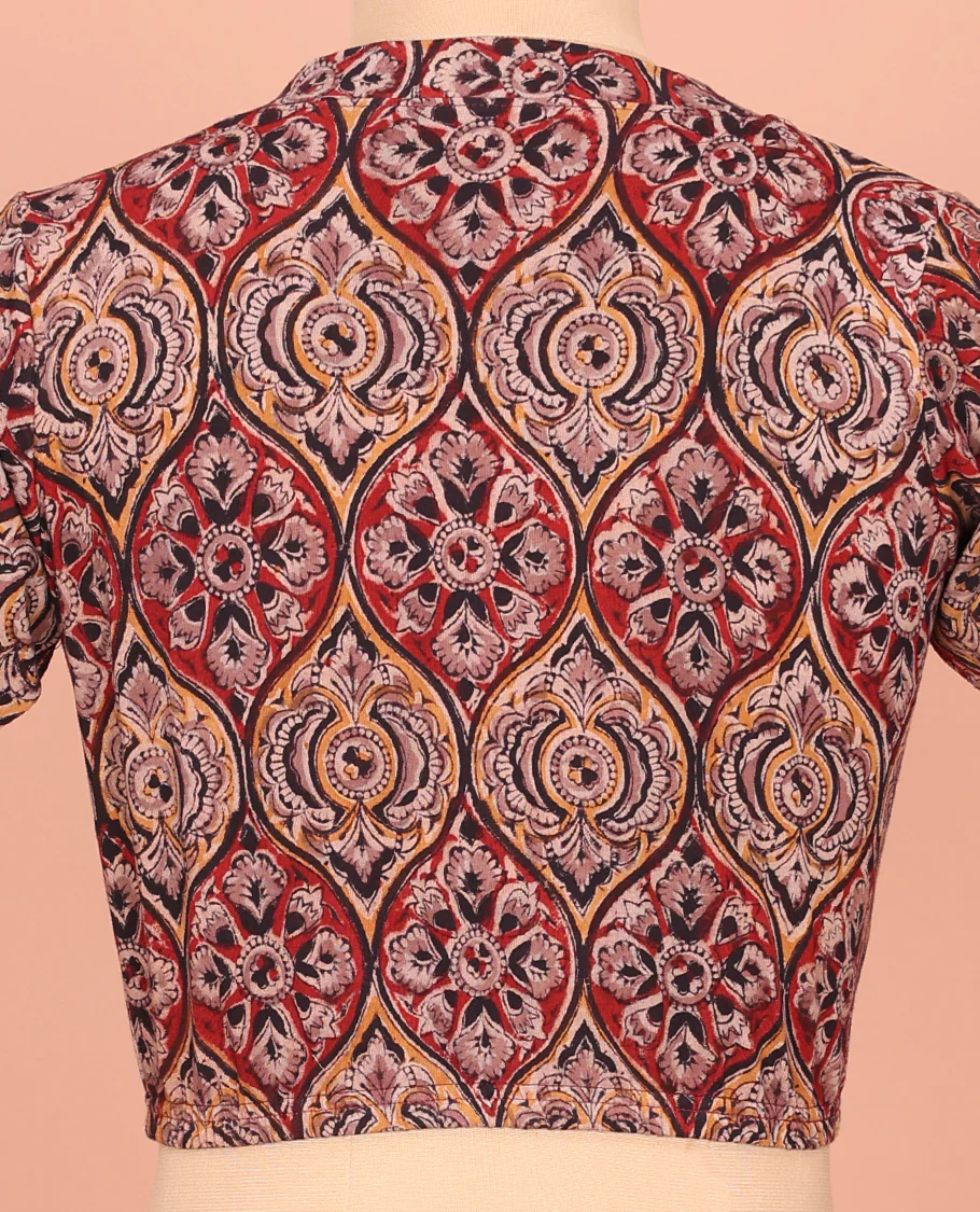 Multi-Color Cotton Readymade Blouse Beautified with All-Over Ogee Patterns Print, Front V-Neck, Back Closed Neck, and Elbow Sleeves - Image 4