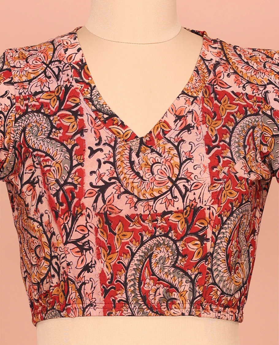 Multi-Color Cotton Readymade Blouse Elevated with All-Over Kalamkari Floral Vine Print, Front V-Neck, Back Closed Neck, and Elbow Sleeves - Image 2