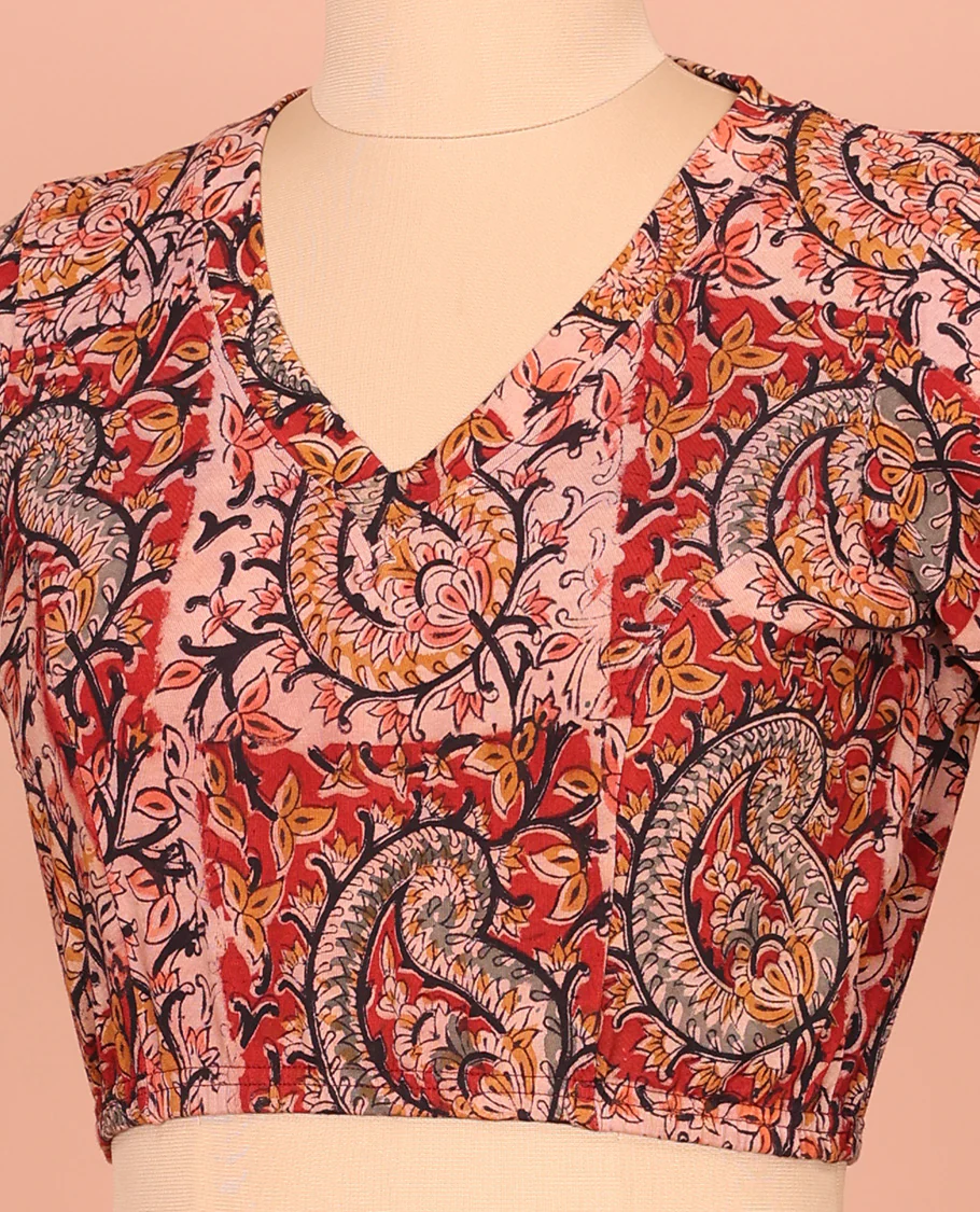 Multi-Color Cotton Readymade Blouse Elevated with All-Over Kalamkari Floral Vine Print, Front V-Neck, Back Closed Neck, and Elbow Sleeves - Image 3