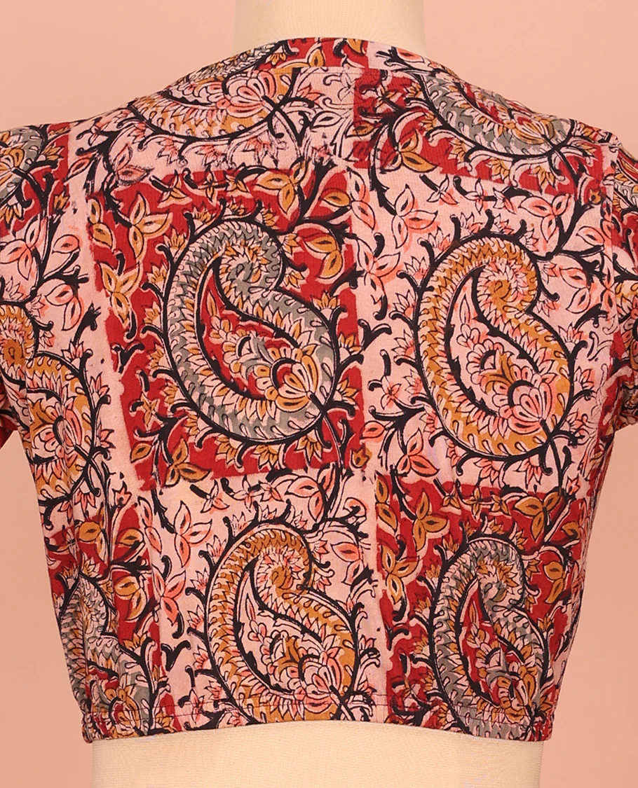Multi-Color Cotton Readymade Blouse Elevated with All-Over Kalamkari Floral Vine Print, Front V-Neck, Back Closed Neck, and Elbow Sleeves - Image 4