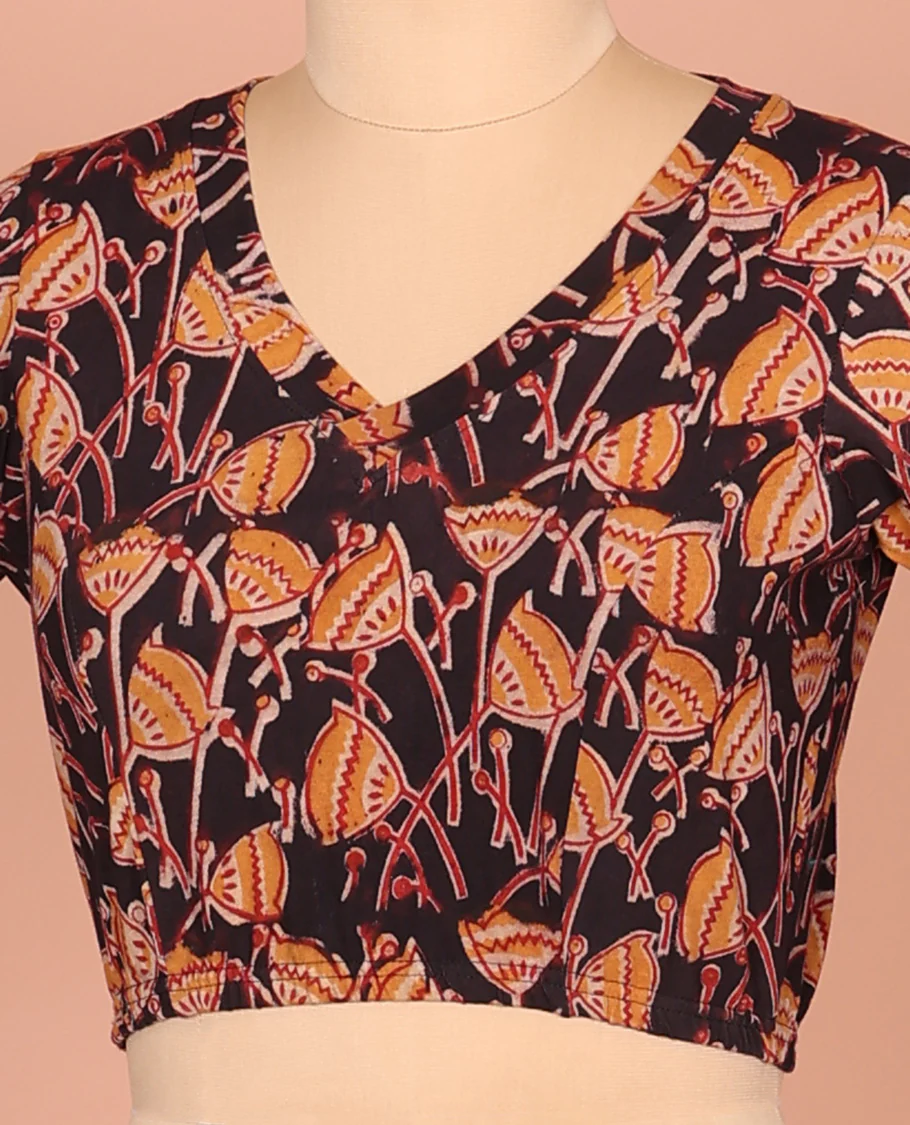 Multi-color Cotton Readymade Blouse Enlivened with All-Over Floral Motifs Print, Featuring a Front Leaf-Neck, a Closed Back-Neck, and Elbow Sleeves - Image 2
