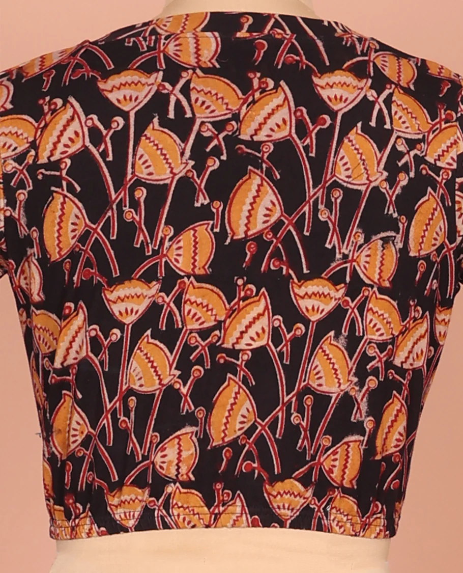 Multi-color Cotton Readymade Blouse Enlivened with All-Over Floral Motifs Print, Featuring a Front Leaf-Neck, a Closed Back-Neck, and Elbow Sleeves - Image 3