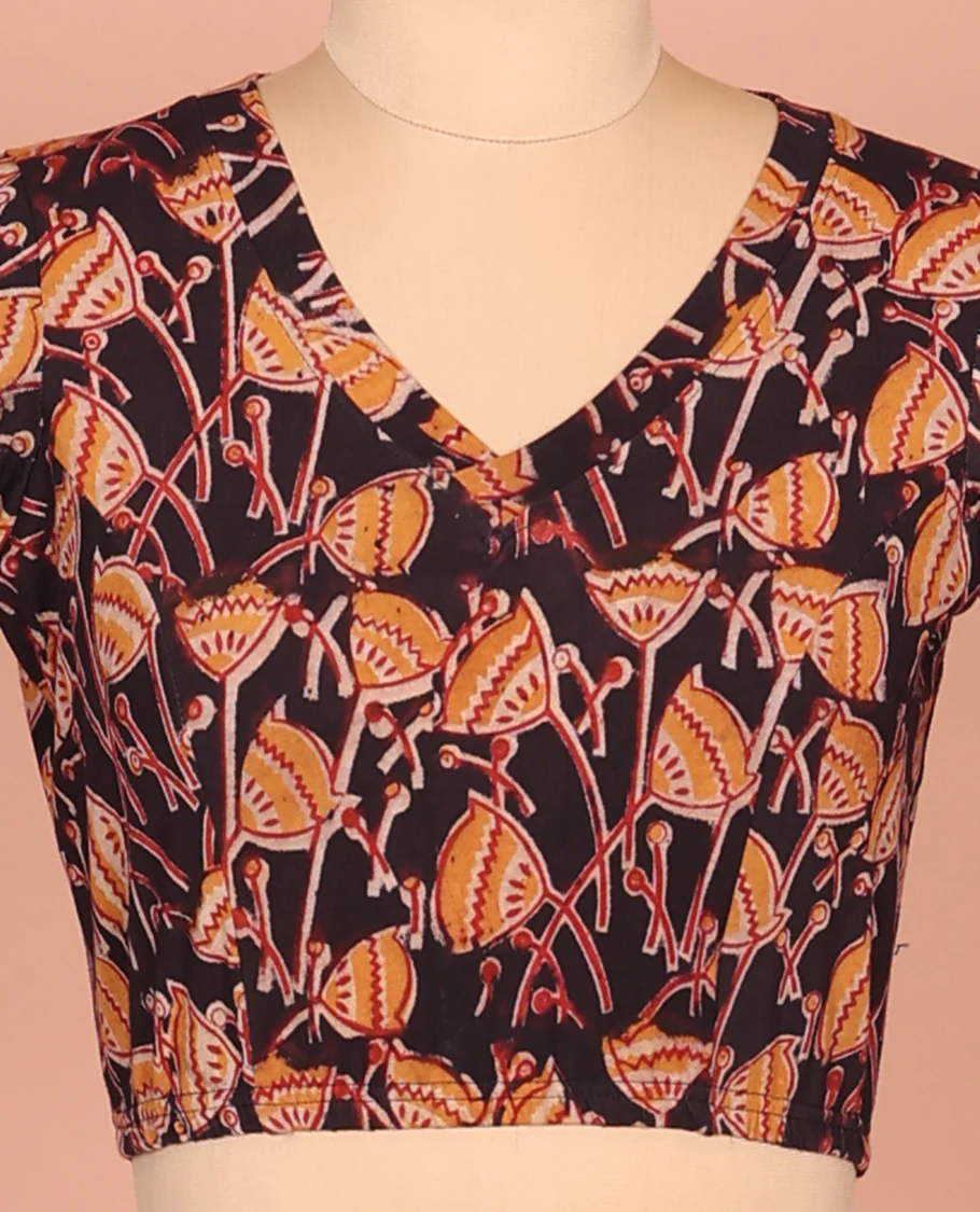 Multi-color Cotton Readymade Blouse Enlivened with All-Over Floral Motifs Print, Featuring a Front Leaf-Neck, a Closed Back-Neck, and Elbow Sleeves - Image 4