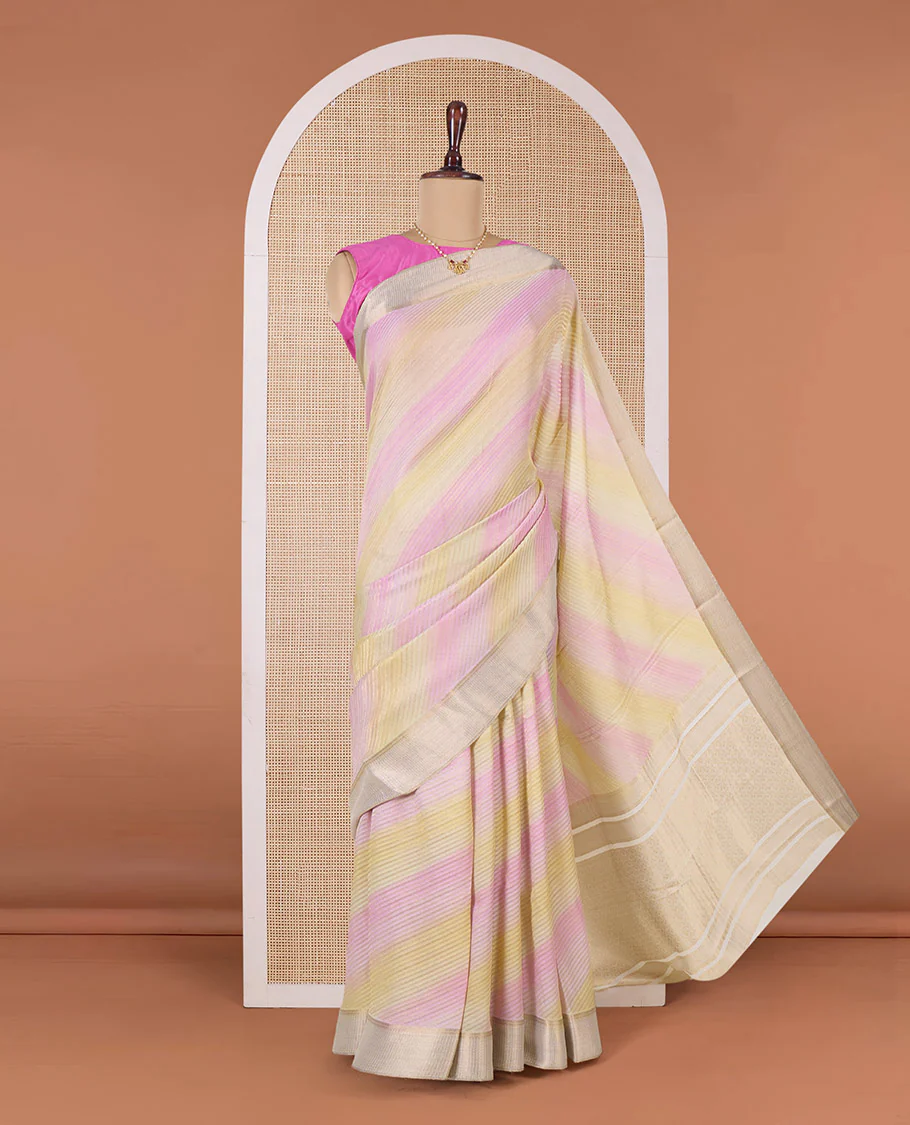 Multi-color diagonal striped Mysore silk saree, traditional zari border, and intricate pallu - Image 2