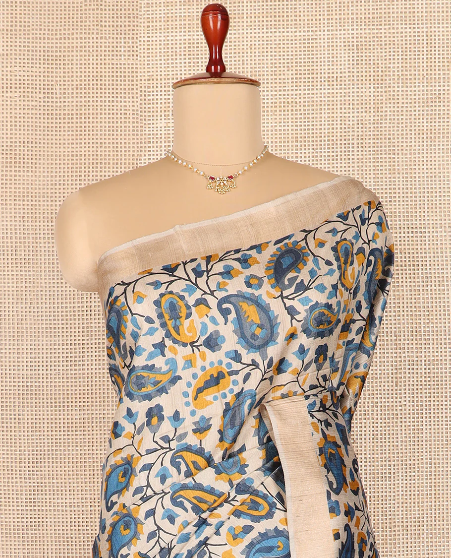 Multi-color floral and paisley motifs tussar silk saree, bavanji border, and double-color plain pallu - Image 3