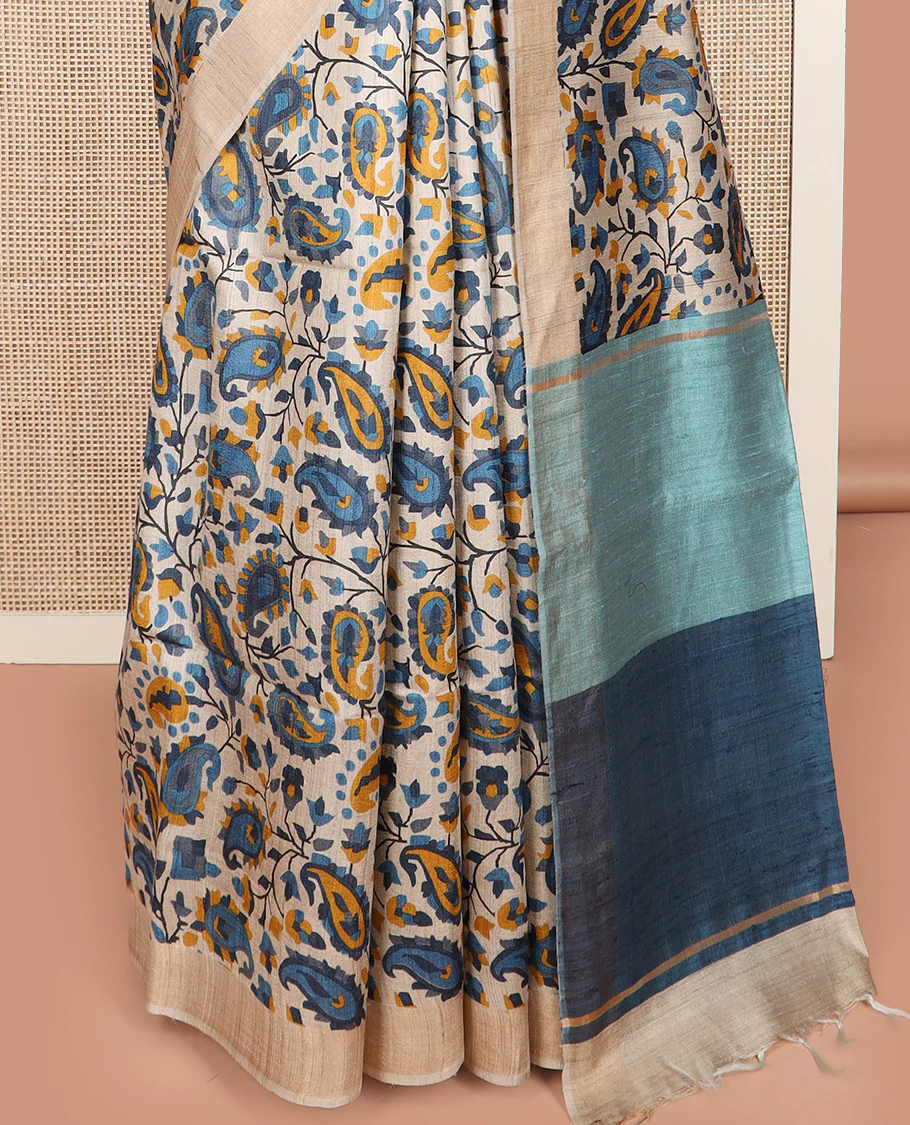 Multi-color floral and paisley motifs tussar silk saree, bavanji border, and double-color plain pallu - Image 4