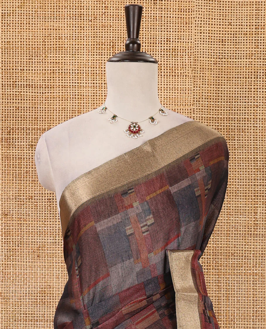 Multi-color geometric-abstract printed black spun linen saree, gold zari piping border, floral motifs printed pallu & striped blouse - Image 3