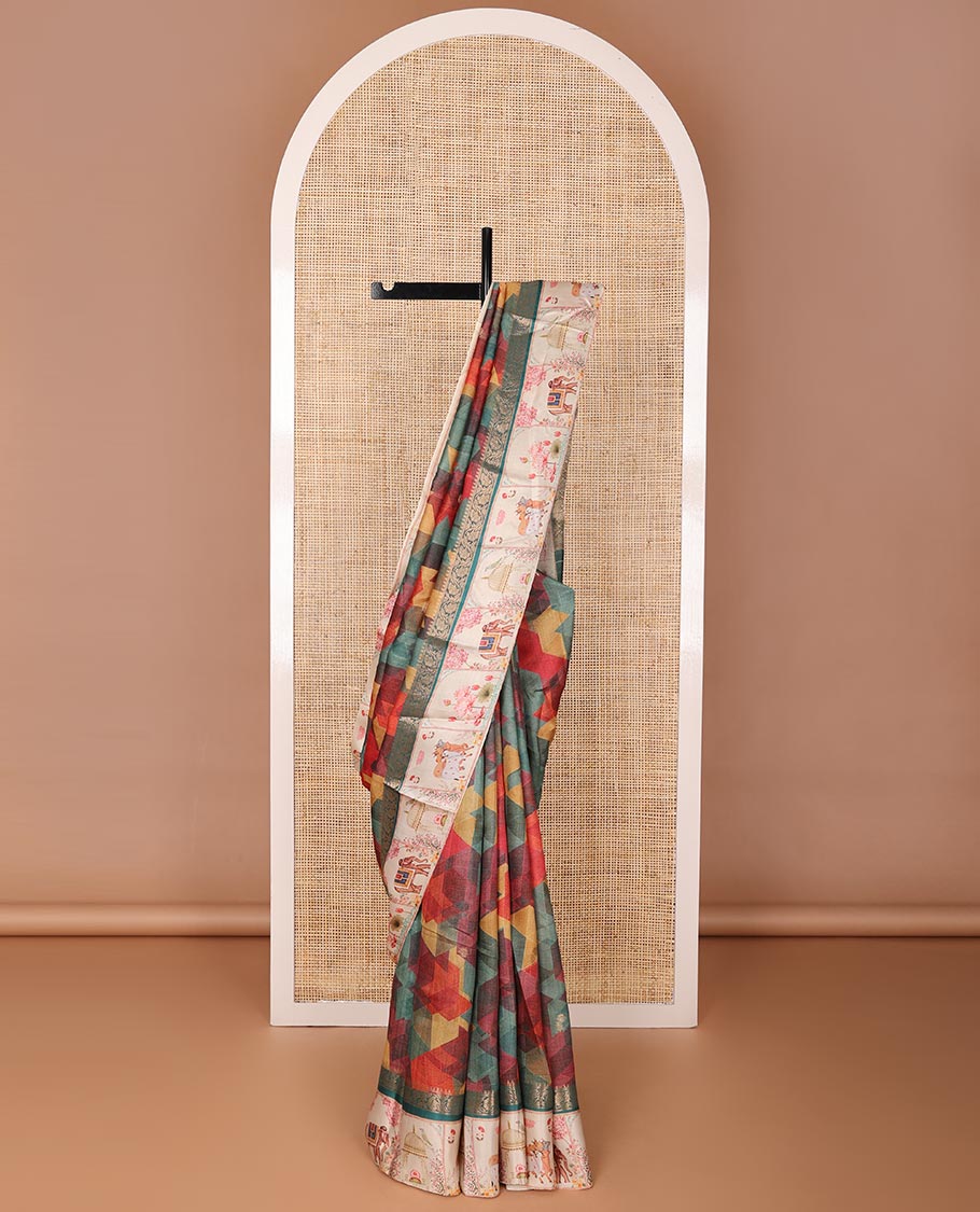 Multi-color geometric print & zari buttas tussar silk saree, contrast zari border with printed Pichwai cow, lotus & elephant motifs & zari pallu - Image 3