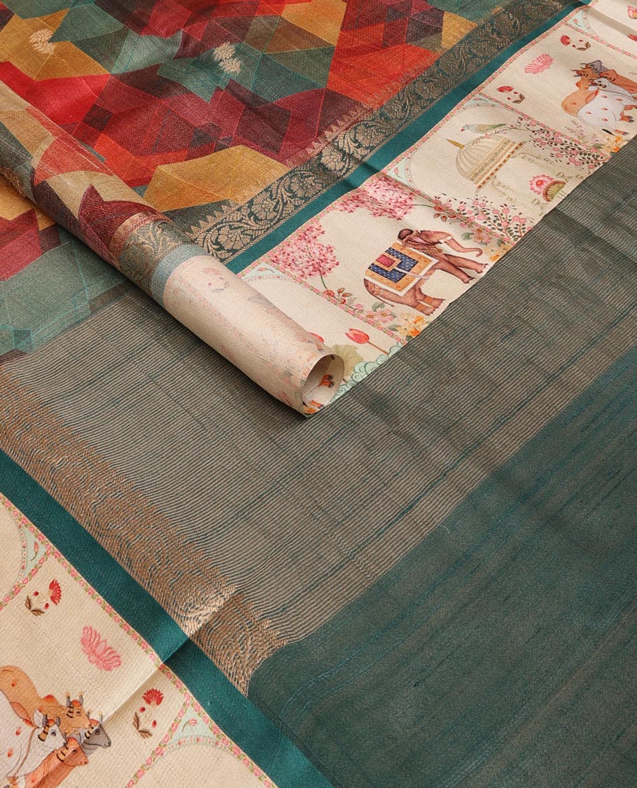 Multi-color geometric print & zari buttas tussar silk saree, contrast zari border with printed Pichwai cow, lotus & elephant motifs & zari pallu - Image 4