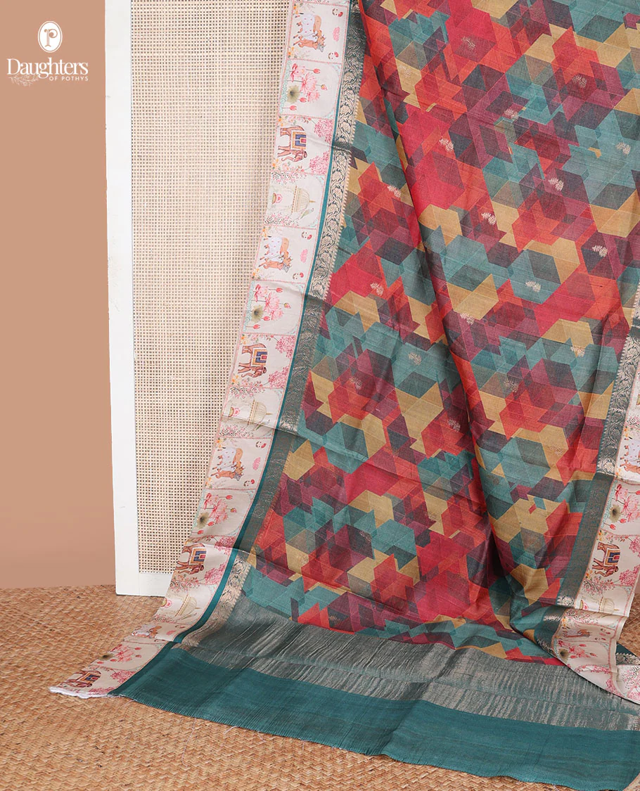 Multi-color geometric print & zari buttas tussar silk saree, contrast zari border with printed Pichwai cow, lotus & elephant motifs & zari pallu - Image 5