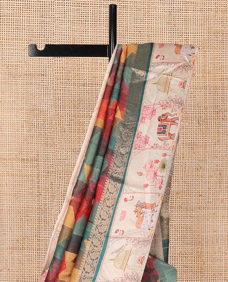 Multi-color geometric print & zari buttas tussar silk saree, contrast zari border with printed Pichwai cow, lotus & elephant motifs & zari pallu - Image 6
