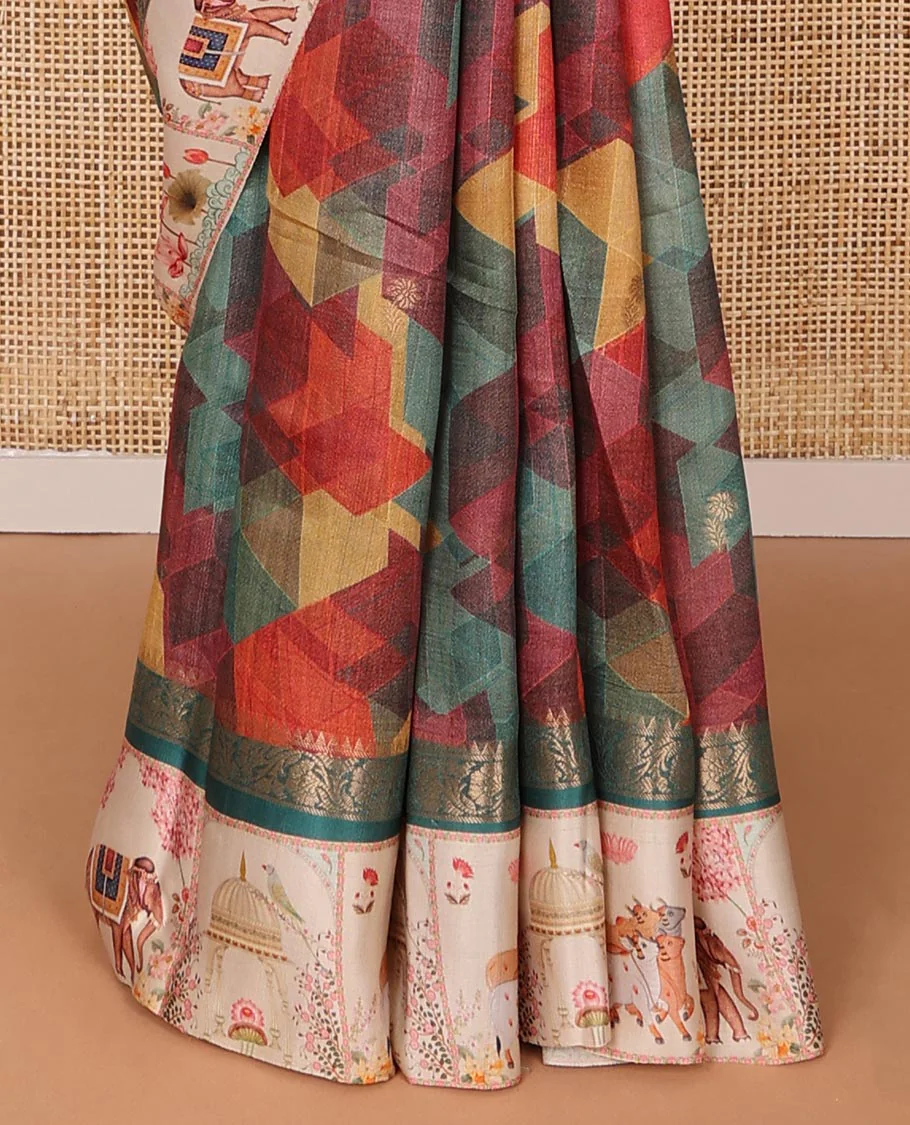 Multi-color geometric print & zari buttas tussar silk saree, contrast zari border with printed Pichwai cow, lotus & elephant motifs & zari pallu - Image 7
