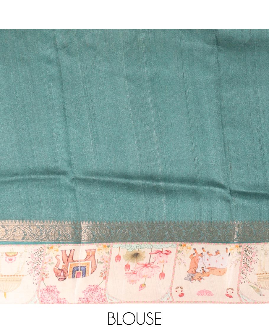 Multi-color geometric print & zari buttas tussar silk saree, contrast zari border with printed Pichwai cow, lotus & elephant motifs & zari pallu - Image 8