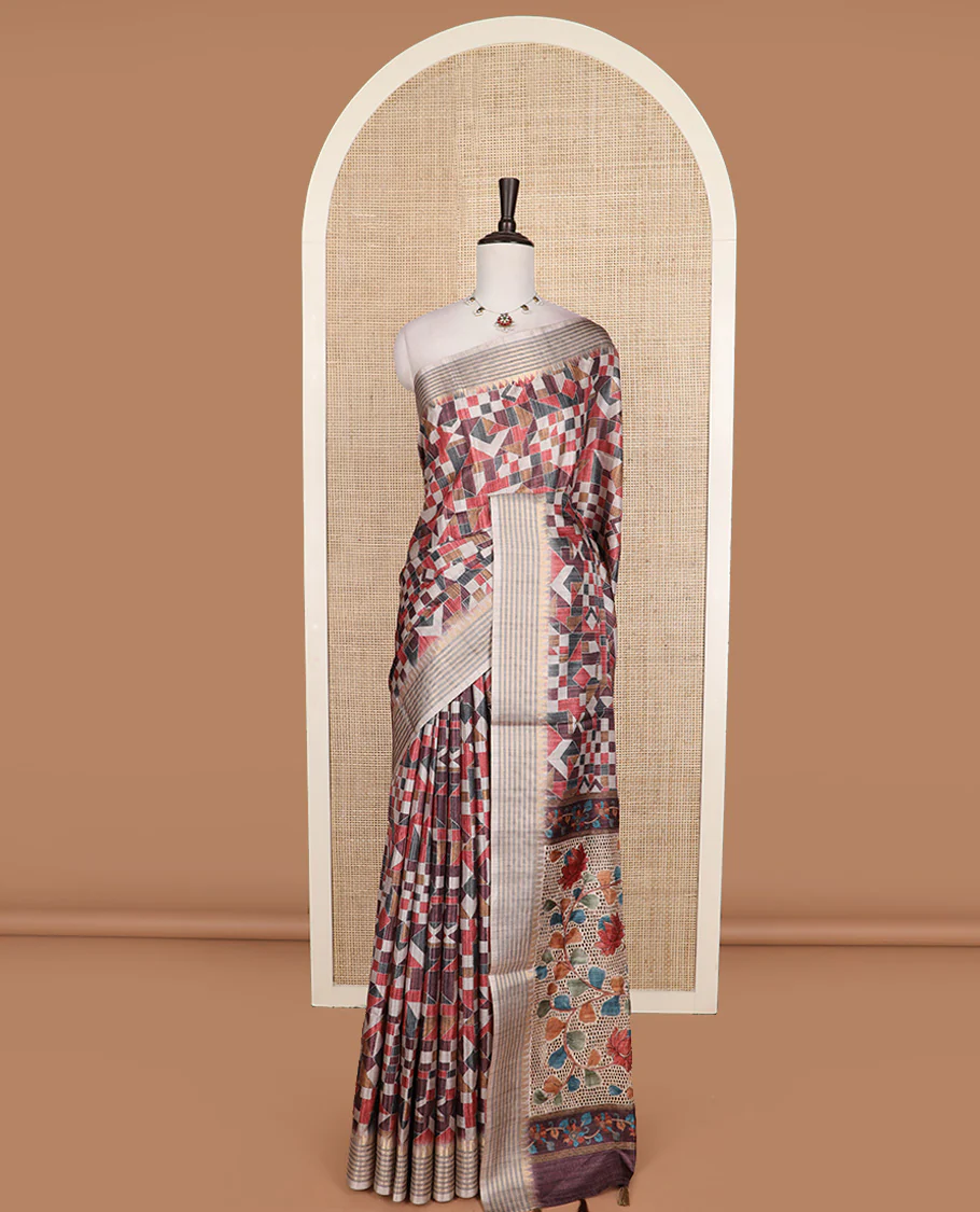 Multi-color geometric printed tussar silk saree, temple striped border, and pallu of floral vine and peacock print - Image 2