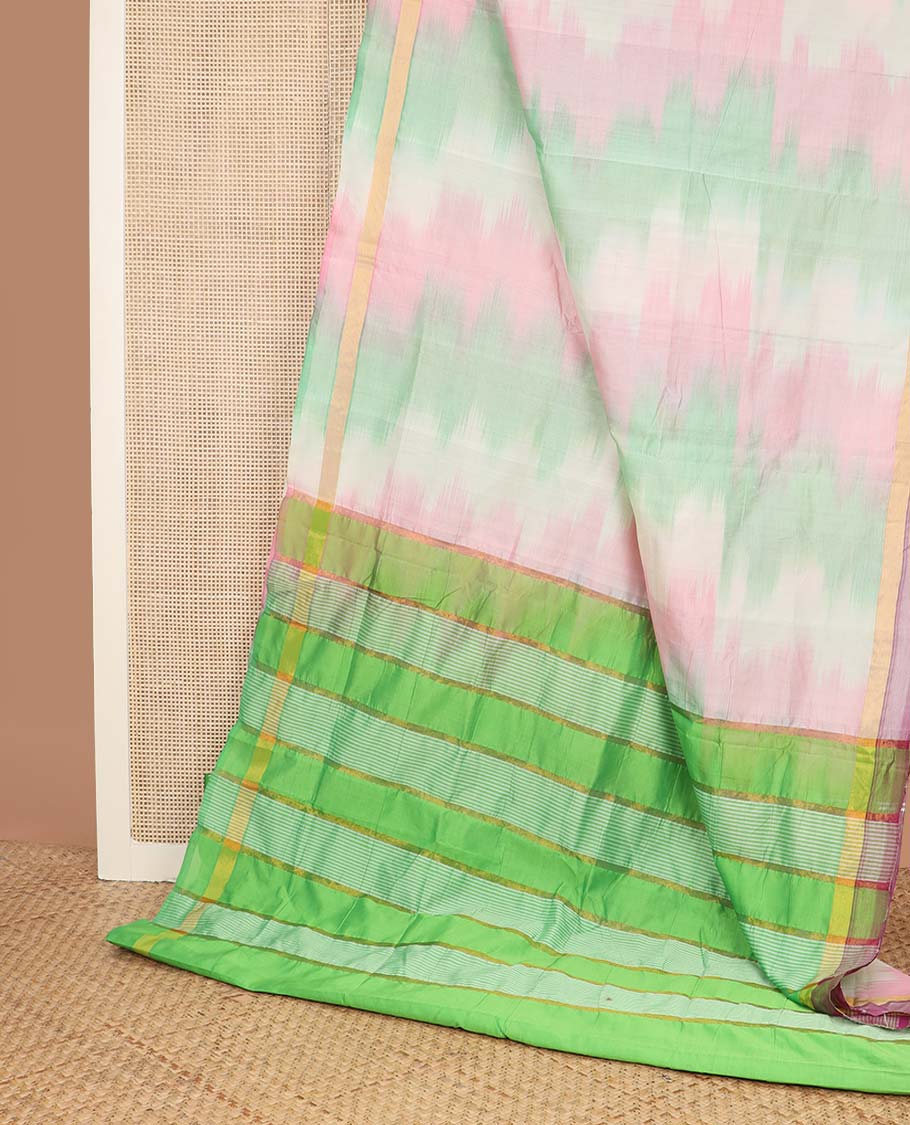 Multi-color ikkat design poly cotton saree, plain border, and contrast striped pallu - Image 2