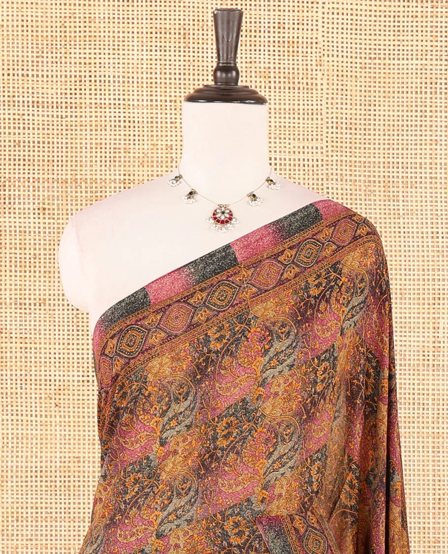 Multi-color intricate floral printed kimaya saree, ogee printed border, intricately printed pallu & contrast color printed blouse - Image 3