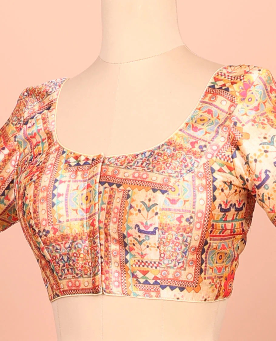 Multi-color intricately printed front-back round-neck elbow sleeve readymade blouse - Image 2