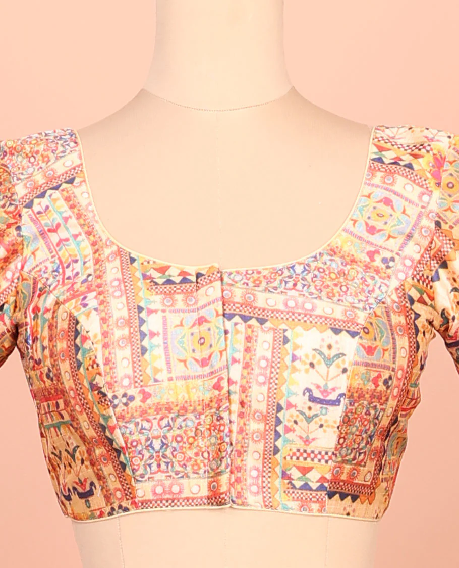 Multi-color intricately printed front-back round-neck elbow sleeve readymade blouse - Image 3