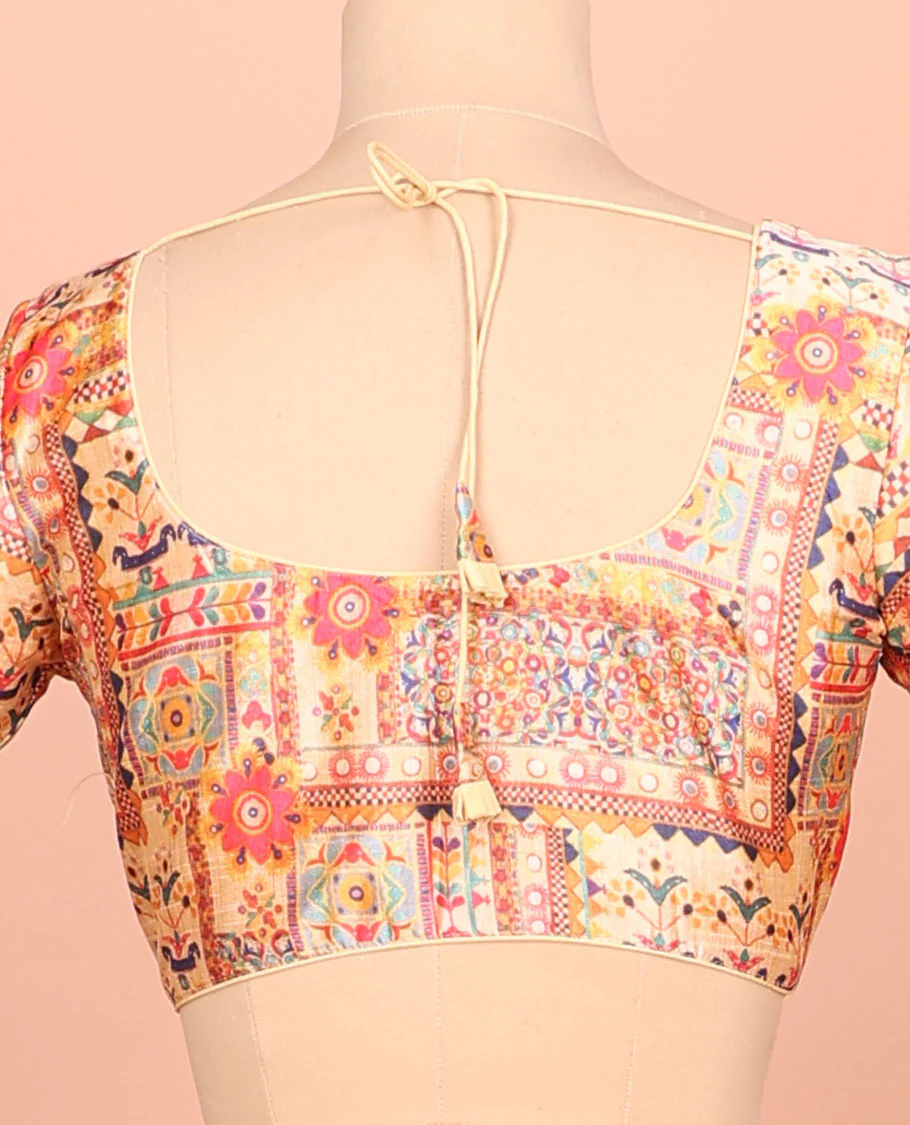 Multi-color intricately printed front-back round-neck elbow sleeve readymade blouse - Image 4
