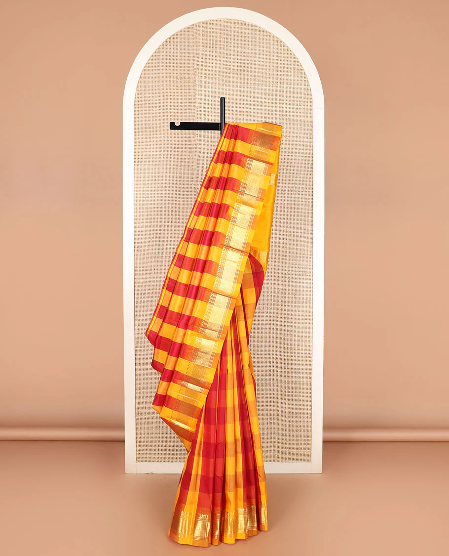 Multi-color Kanchipuram silk saree, zari border of paneer sombu, banaras, muthu, and mayil kann designs, and zari design pallu