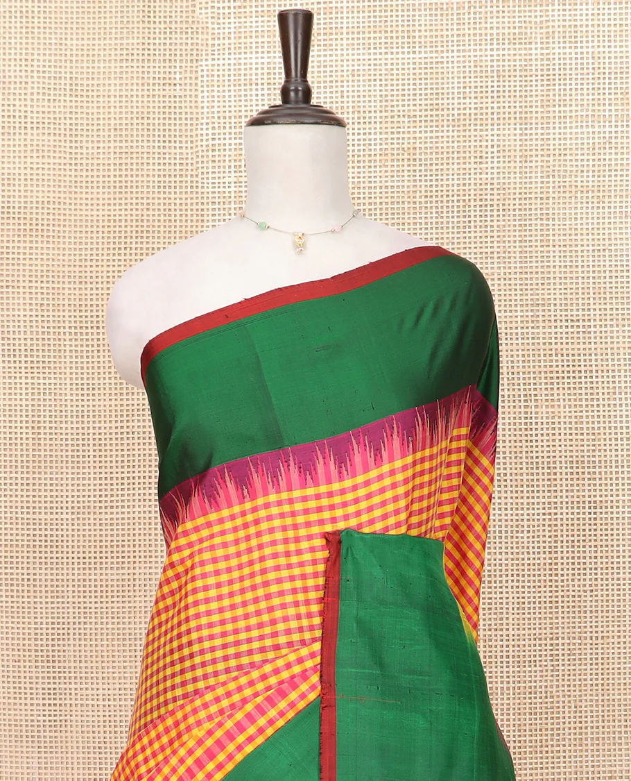 Multi-Color Micro-Checked Gadwal Saree Features a Captivating Contrast Temple Border, Sparsely Striped Pallu, and a Contrast Plain Blouse - Image 2