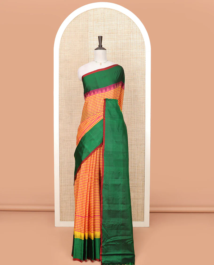 Multi-Color Micro-Checked Gadwal Saree Features a Captivating Contrast Temple Border, Sparsely Striped Pallu, and a Contrast Plain Blouse - Image 3