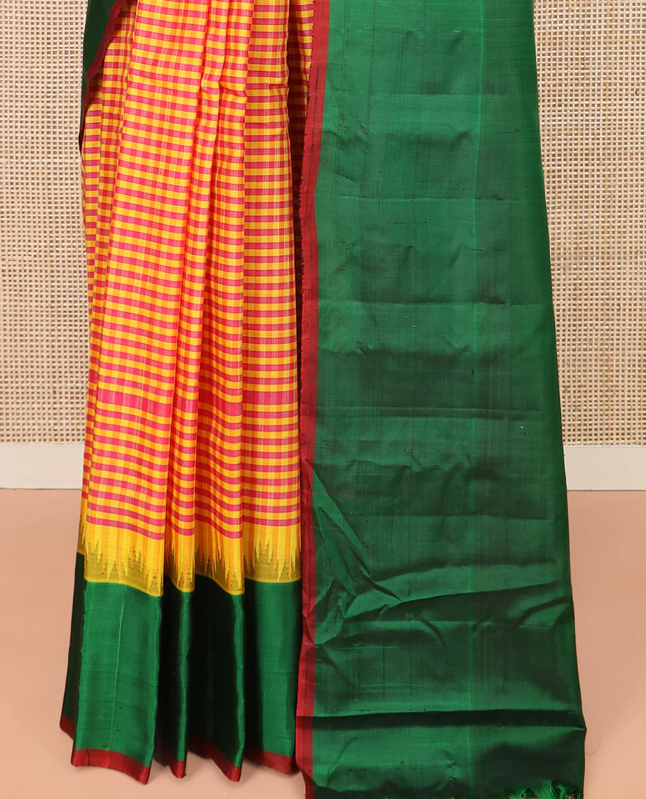 Multi-Color Micro-Checked Gadwal Saree Features a Captivating Contrast Temple Border, Sparsely Striped Pallu, and a Contrast Plain Blouse - Image 4
