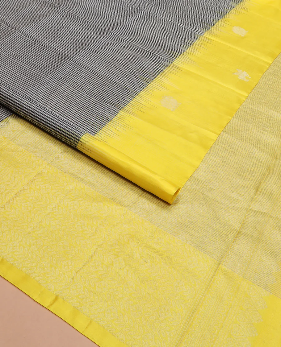 Multi-color micro-checked Kanchipuram silk saree, contrast border of animal motifs, and pallu of floral creeper designs - Image 2