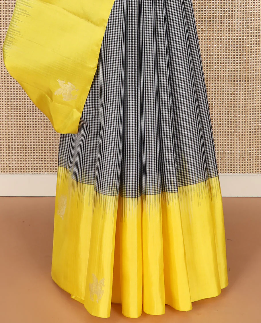 Multi-color micro-checked Kanchipuram silk saree, contrast border of animal motifs, and pallu of floral creeper designs - Image 4