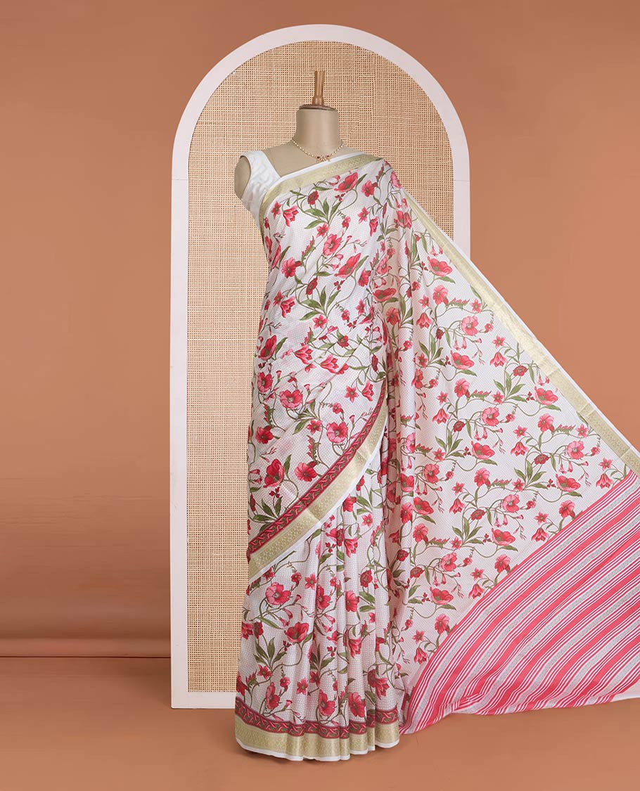 Multi-color micro-checked with floral vine printed silk saree, tarditional zari border, and pallu of stripes - Image 2