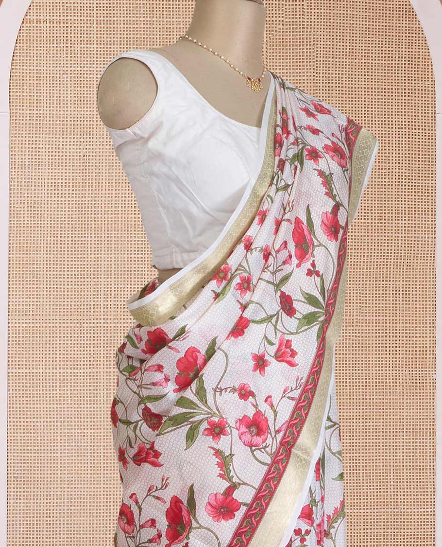 Multi-color micro-checked with floral vine printed silk saree, tarditional zari border, and pallu of stripes - Image 3