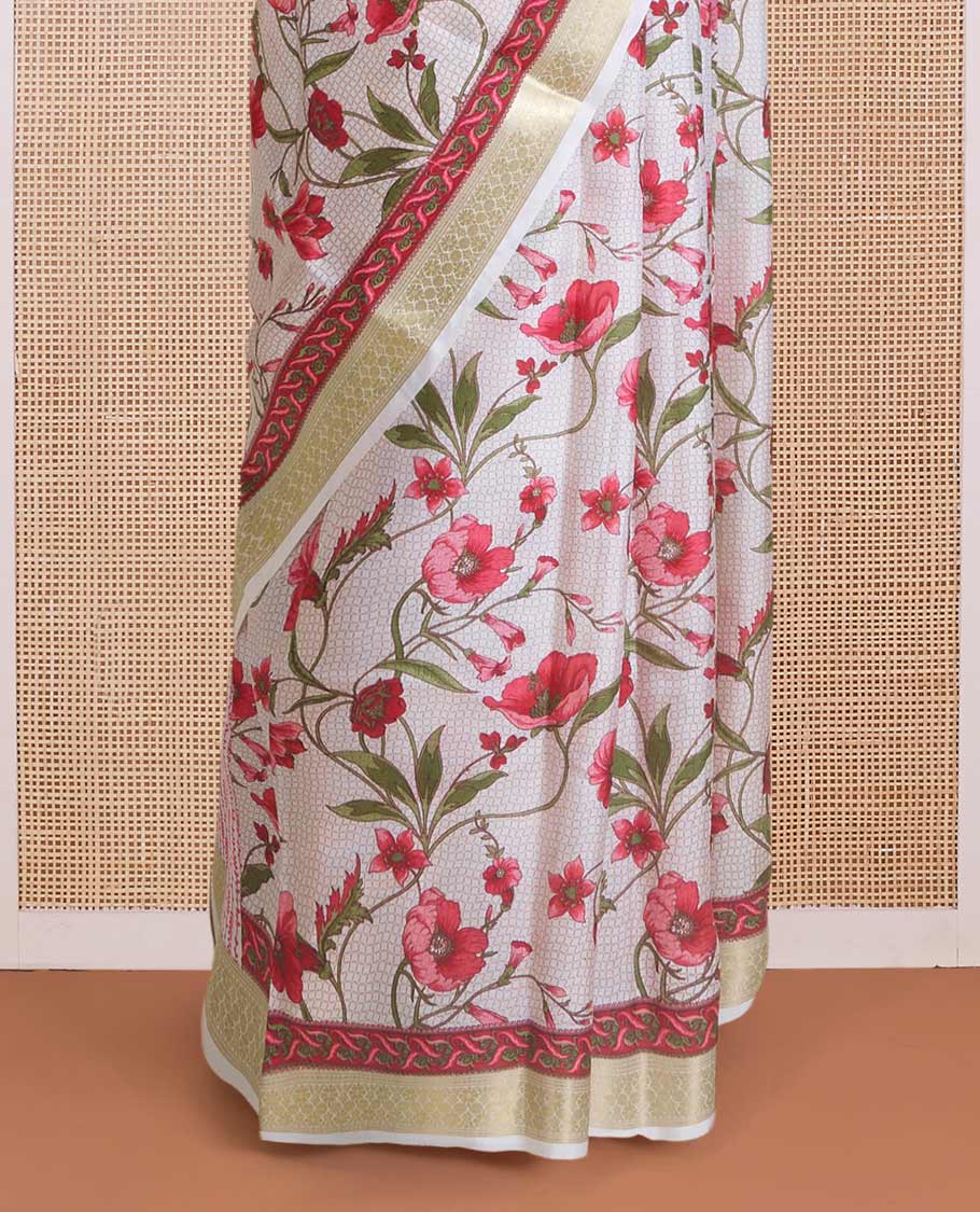 Multi-color micro-checked with floral vine printed silk saree, tarditional zari border, and pallu of stripes - Image 4
