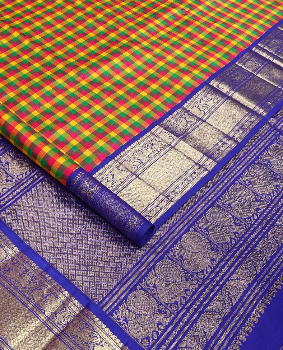 Multi-color paalum pazhamum checked Kanchipuram silk saree, contrast korvai border of manga mokku, kathir, muthu, mayil, and jaal design, and jaal pallu - Image 2