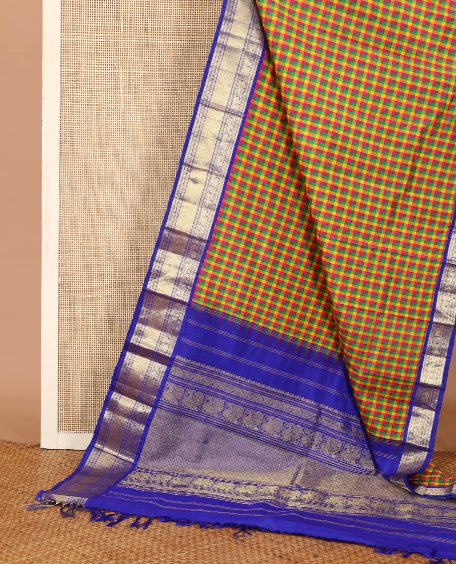 Multi-color paalum pazhamum checked Kanchipuram silk saree, contrast korvai border of manga mokku, kathir, muthu, mayil, and jaal design, and jaal pallu - Image 3