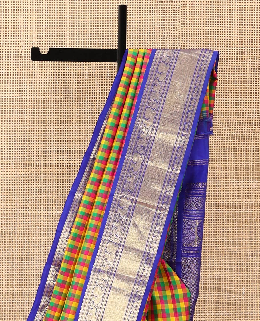 Multi-color paalum pazhamum checked Kanchipuram silk saree, contrast korvai border of manga mokku, kathir, muthu, mayil, and jaal design, and jaal pallu - Image 4
