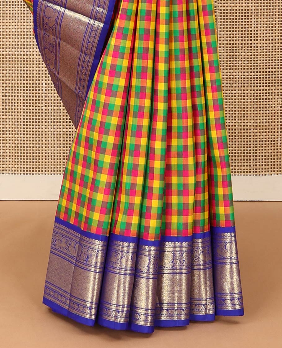 Multi-color paalum pazhamum checked Kanchipuram silk saree, contrast korvai border of manga mokku, kathir, muthu, mayil, and jaal design, and jaal pallu - Image 5