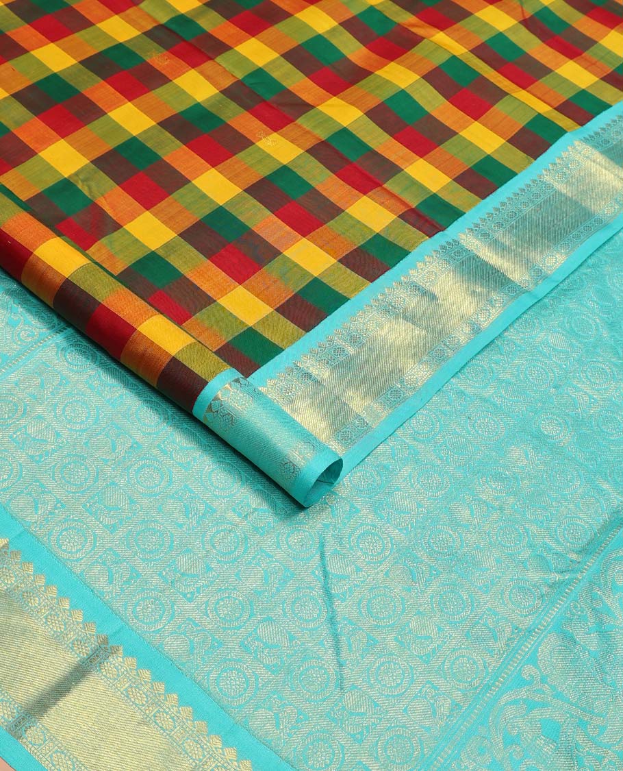 Multi-color paalum pazhamum checks, and buttas Kanchipuram korvai silk saree, contrast korvai border of thilakam mokku, muthu, and laddu kamalam, and annam chakram enclosed pallu - Image 2