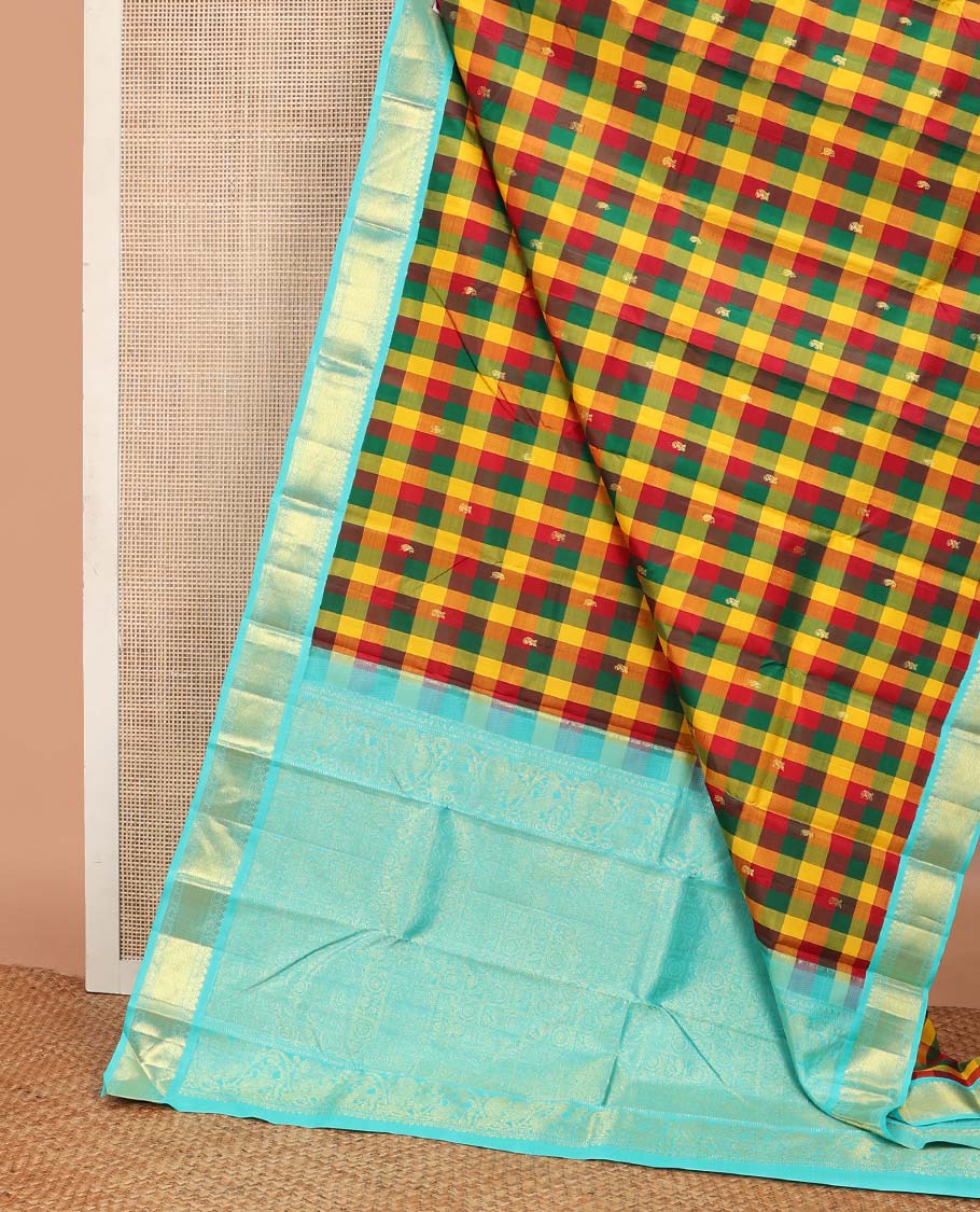 Multi-color paalum pazhamum checks, and buttas Kanchipuram korvai silk saree, contrast korvai border of thilakam mokku, muthu, and laddu kamalam, and annam chakram enclosed pallu - Image 3