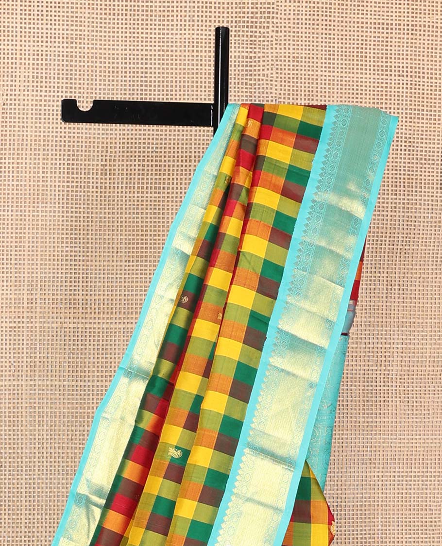 Multi-color paalum pazhamum checks, and buttas Kanchipuram korvai silk saree, contrast korvai border of thilakam mokku, muthu, and laddu kamalam, and annam chakram enclosed pallu - Image 4