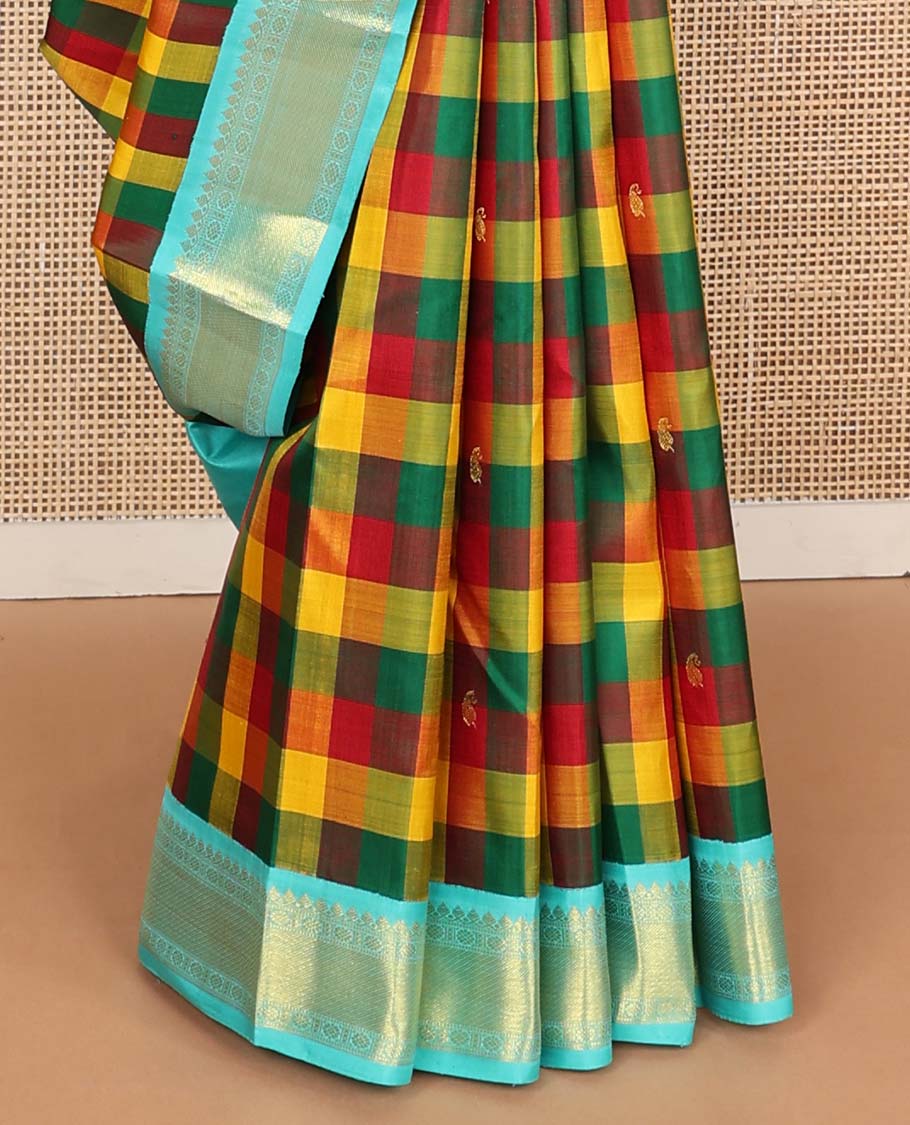 Multi-color paalum pazhamum checks, and buttas Kanchipuram korvai silk saree, contrast korvai border of thilakam mokku, muthu, and laddu kamalam, and annam chakram enclosed pallu - Image 5
