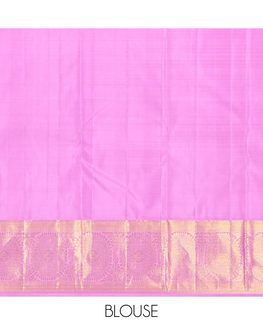 Multi-color paalum pazhamum checks, and buttas Kanchipuram korvai silk saree, contrast korvai border of thilakam mokku, muthu, and laddu kamalam, and annam chakram enclosed pallu - Image 6