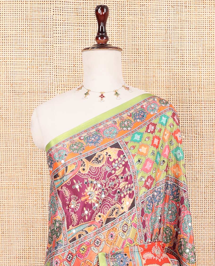 Multi-color printed, mirror work synon silk saree with printed border & printed rich pallu along with plain blouse - Image 3