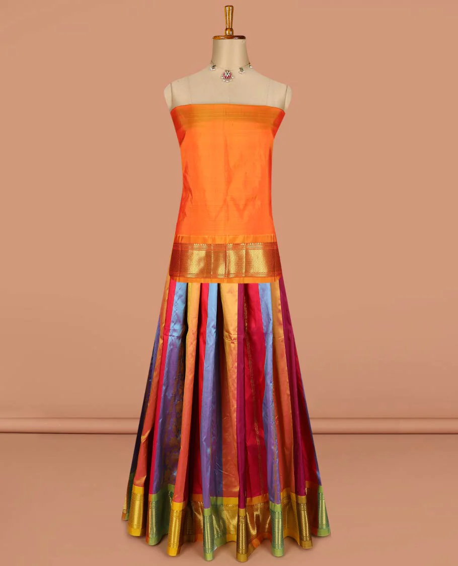 Multi-color pure-silk half-saree, striped and zari design skirt, traditional zari border, zari design blouse, and mat textured dhavani - Image 3