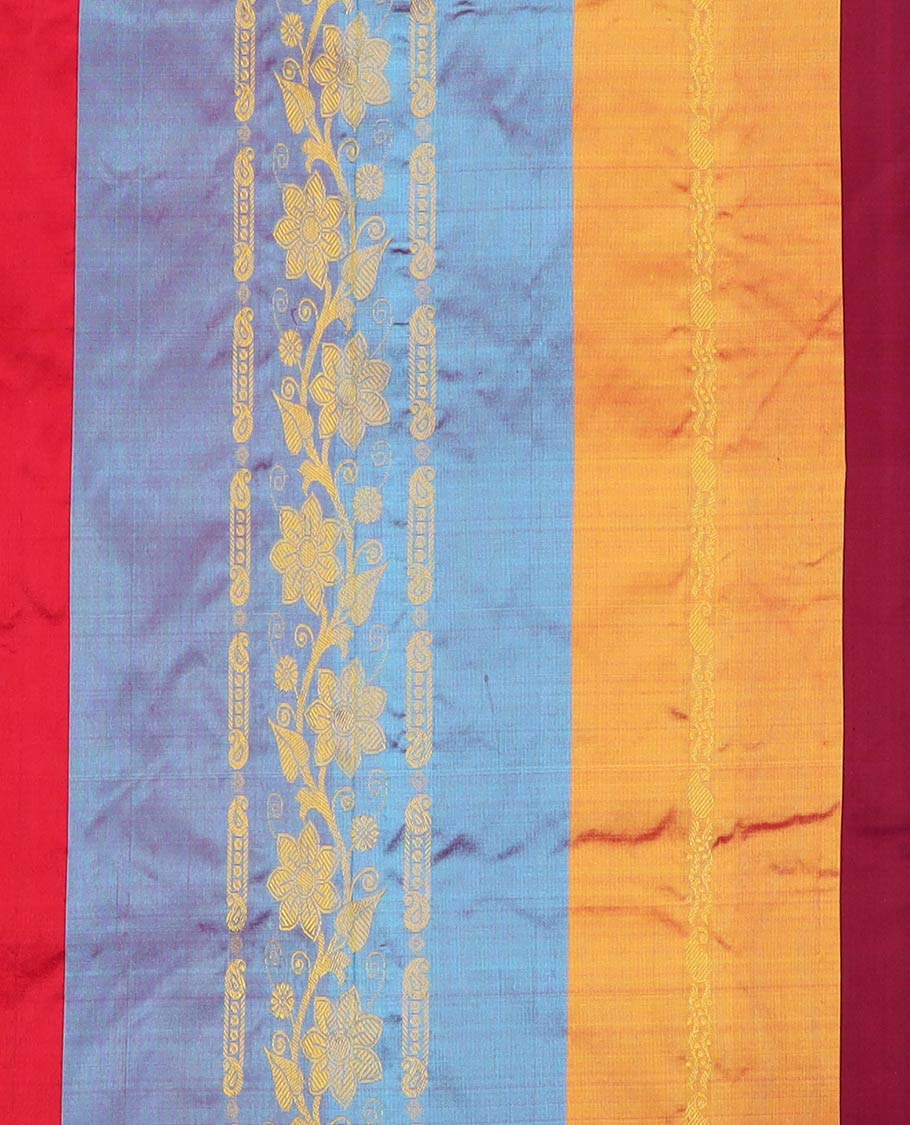 Multi-color pure-silk half-saree, striped and zari design skirt, traditional zari border, zari design blouse, and mat textured dhavani - Image 4