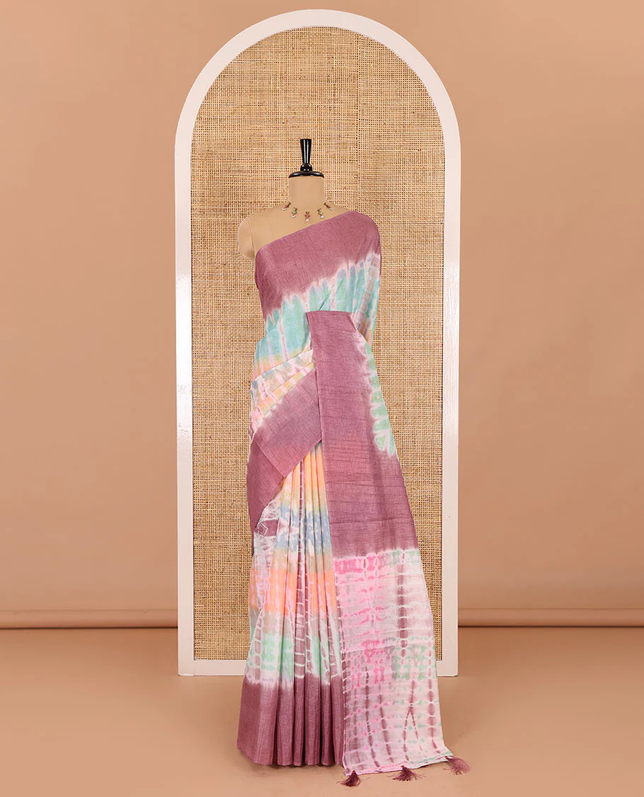 Multi color shibori printed jute tussar saree, contrast plain border, plain pallu with tussels, and contrast plain blouse - Image 2