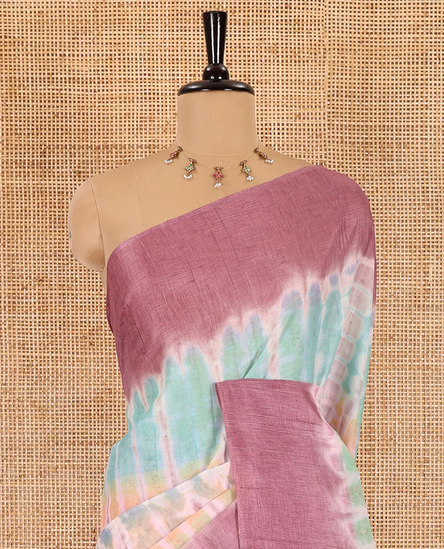 Multi color shibori printed jute tussar saree, contrast plain border, plain pallu with tussels, and contrast plain blouse - Image 3