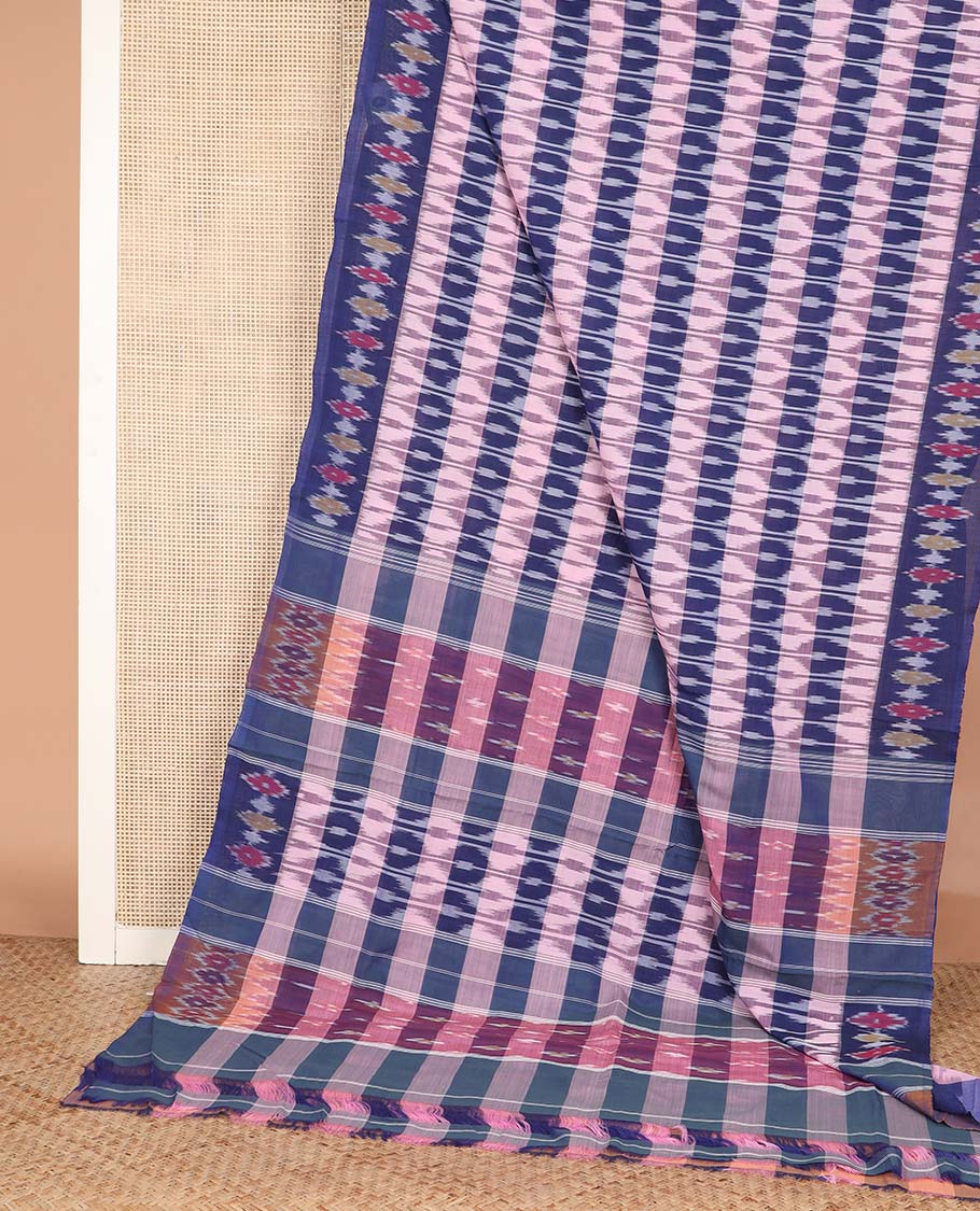 Multi-color striped and ogee patterned ikkat cotton saree, ikkat design border, and ikkat woven pallu - Image 2